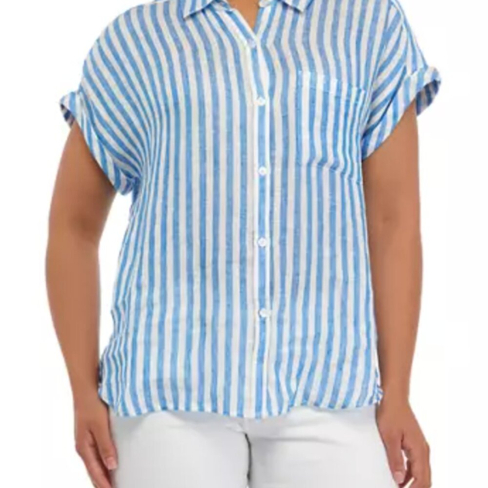 Workshop Republic Clothing Extended Shoulder Button Down‎ Striped Linen Shirt